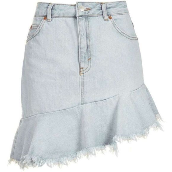New Topshop Moto Asymmetrical Raw Hem Denim Skirt Light Wash Womens Size 6 - Picture 5 of 5